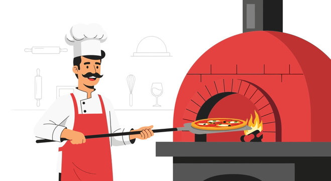 Illustrative depiction of a pizza chef placing a pizza in a traditional wood-fired oven