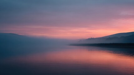 A serene landscape at dawn, featuring gentle mist over calm waters, reflecting soft hues of pink and purple in the sky.