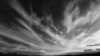 A dramatic black and white sky filled with swirling clouds, showcasing a range of textures and contrasts, creating a captivating atmosphere.