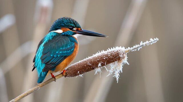 Common kingfisher perched on a frosted cattail in winter