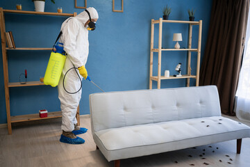 Male exterminator killing cockroaches in house. Elderly man in protective suit and respirator mask...