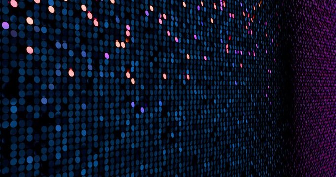 Neon light sequins turn up in a random pattern. Side macro view of gorgeous waving pattern background. 4K 3D rendering loop animation.