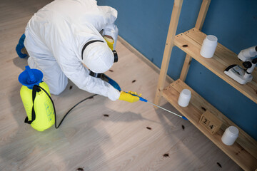 Male exterminator killing cockroaches in house. Pest control worker in protective suit and...