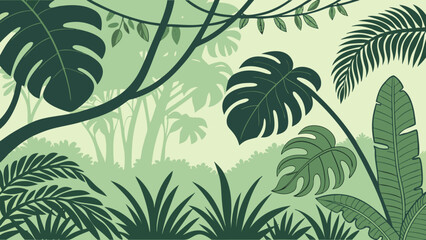 Illustration of a lush, green jungle scene with various tropical plants, leaves, and trees in a layered, stylized design.