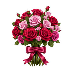Beautiful bouquet of red and pink roses tied with a ribbon isolated on transparent background