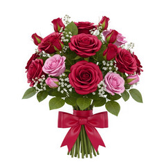 Beautiful bouquet of red and pink roses with a red ribbon isolated on transparent background