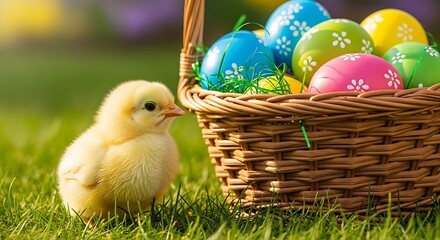 Easter Chick and Basket of Decorated Eggs in Spring Grass.