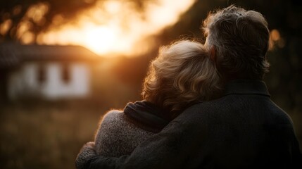 Elderly couple sharing a tender embrace during a golden sunset with a home in the background