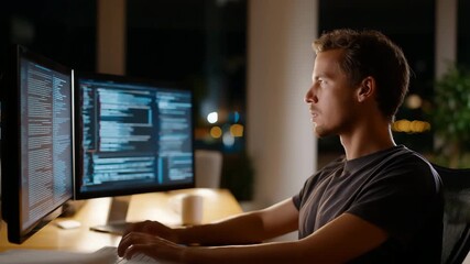 Young caucasian male programmer working on dual monitors in modern office at night