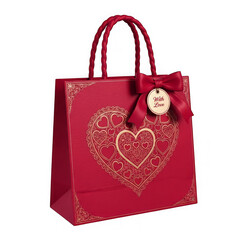 Red gift bag with heart design and bow isolated on transparent background