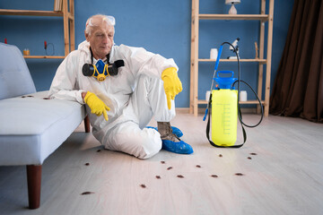 Pest control exterminator elderly man in protective suit sitting on floor near cockroaches resting...