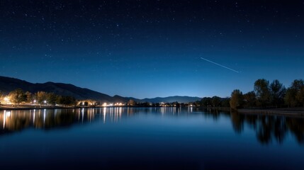 A serene night scene featuring a calm lake reflecting stars and lights, with mountains in the background under a clear blue sky.