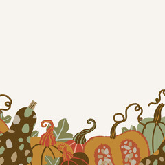 Orange, green, red pumpkins and leafs. Vector illustration composition in mystical style, good for design, cards, autumn posters, packaging, Thanksgiving, Halloween.