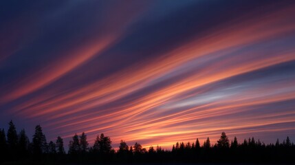 A stunning sunset features vibrant swirling clouds in shades of purple, orange, and blue above a silhouette of trees.