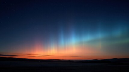 A stunning night sky showcasing colorful auroras blending with a twilight horizon, creating a breathtaking natural spectacle.
