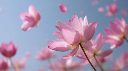 A serene scene showcasing delicate pink lotus flowers against a clear blue sky, with petals gently floating in the air.