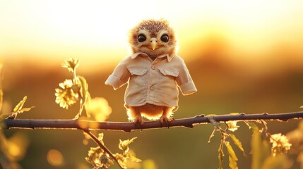 Adorable baby owl wearing a shirt perched on a branch at sunset