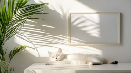 White cat naps, sunlight shadows, minimalist home