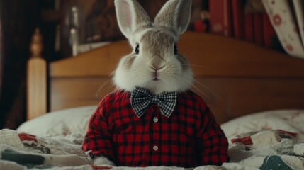 Rabbit dressed in plaid shirt and bow tie