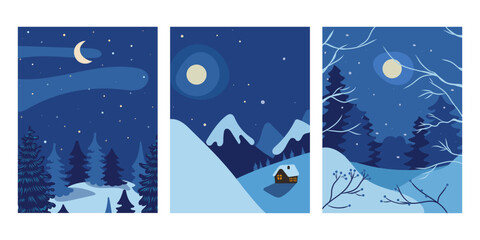 Vector hand drawn illustration. Abstract flat minimalist design landscape set. Winter cold snowy season. Vintage nature graphic. Night scene. Clear sky. Mountains, forest