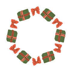 Festive round frame with presents . Colorful circular frame decorated with wrapped gifts, perfect for holiday greeting cards, posters or festive designs.