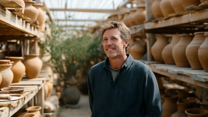 Caucasian mature male potter smiling among clay pots in sunlit workshop