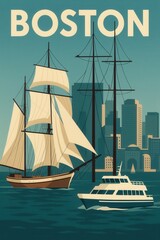 A modern white yacht and historic tall sailing ship cruise through Boston Harbor with the skyline’s tall buildings rising in the background on a clear sunny day