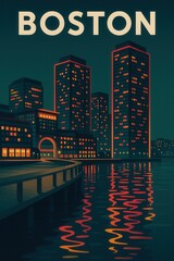 Nighttime view of tall modern buildings and glowing windows along the Boston harbor with colorful reflections on the water and curved boardwalk in the foreground