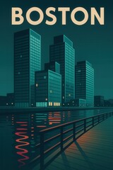 Stylized illustration of glass skyscrapers reflecting in the water at night along a wooden walkway in the financial district of Boston under a dark sky