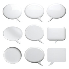 Nine white speech bubbles in various shapes on a black background
