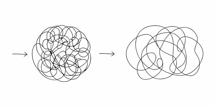 Visual representation of a complex problem becoming simpler or more organized over time