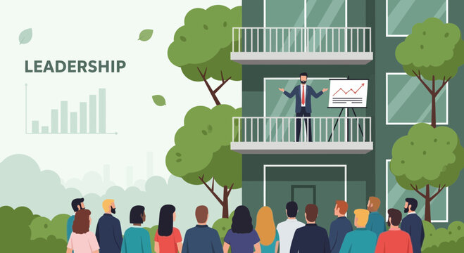 Leadership presentation for business growth in a modern building with diverse team