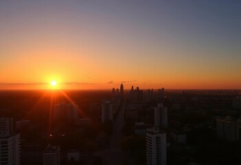 Blazing orange sunset casts long shadows across a cityscape, horizon, metropolis