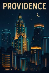 Art deco style cityscape of downtown Providence with tall buildings glowing in warm and cool neon lights against a night sky dotted with stars and a crescent moon