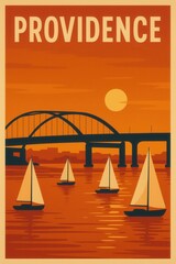 Stylized poster showing multiple white sailboats drifting on golden water under the silhouette of a steel bridge in Providence with the setting sun and orange sky behind