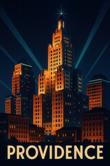 Brightly lit tower and surrounding buildings in Providence city center shine under the night sky in a retro art style with spotlight beams and a glowing architectural crown
