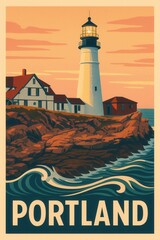Portland Head Light lighthouse stands tall on a rugged rocky shoreline at sunset with ocean waves crashing below and nearby buildings against a pastel-colored sky