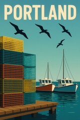 Stacks of multicolored lobster traps sit on a wooden dock next to two fishing boats under a clear blue sky with flying seabirds in Portland harbor
