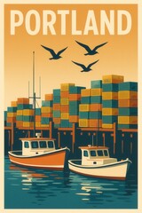 Two small fishing boats float in calm water near towering stacks of colorful lobster traps along the Portland pier with birds flying overhead at sunset