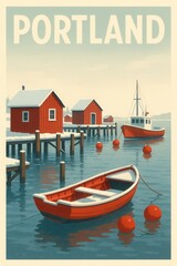 Illustrated winter scene in Portland harbor showing red fishing cabins, snow-covered docks, lobster buoys and a red rowboat on the calm icy water