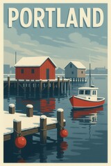 Retro poster of a snow-covered Portland dock featuring red fishing buildings, a small boat, and calm water with reflected details in a muted winter palette
