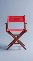 Directors Chair with Red Canvas on Light Blue Background.
