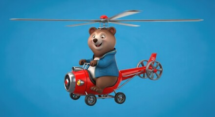 Cartoon bear character piloting a whimsical red helicopter against a blue backdrop