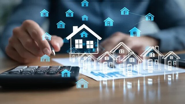 Person calculating real estate values with digital house icons and graphs on the table in office