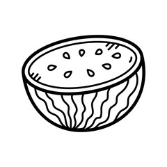 Outline drawing of a half watermelon with visible seeds on a transparent background representing summer fruit in a doodle art style