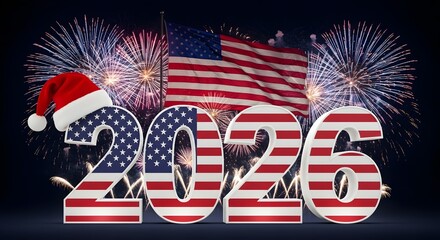 Patriotic 2026 with american flag and festive fireworks display