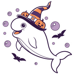 Vector illustration of a Playful Beluga Whale, styled in a Halloween theme using Spooky Fun colors