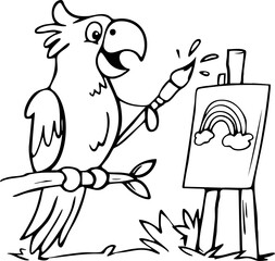 Cute parrot painting a rainbow on canvas with a brush in a fun line drawing style for kids coloring book