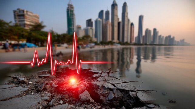 A red heart is drawn on a cracked concrete surface