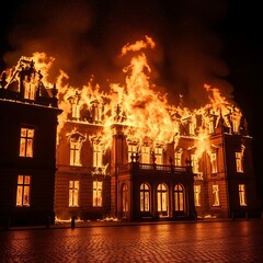 Inferno Engulfs Grand Building - A Night of Destruction and Flames.